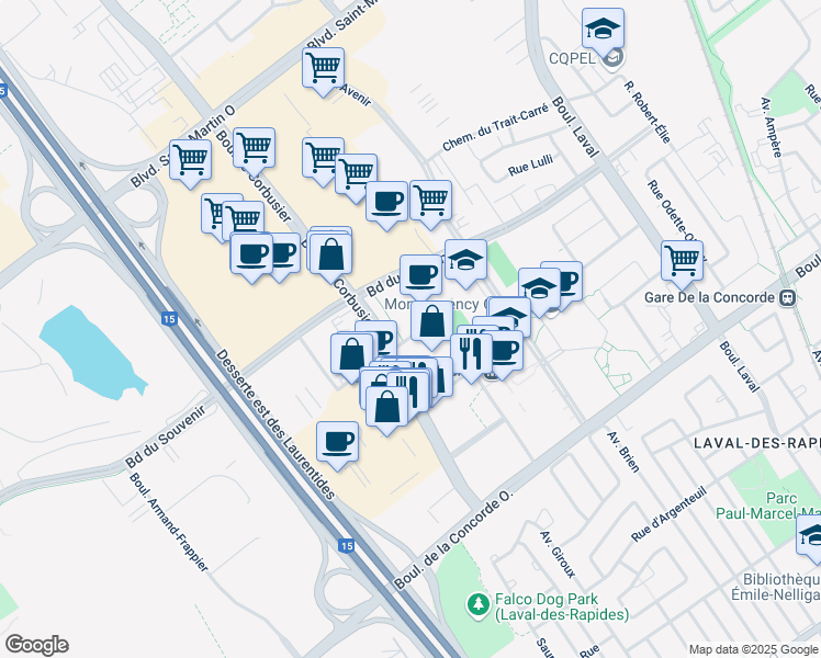 map of restaurants, bars, coffee shops, grocery stores, and more near 1925 Rue Émile-Martineau in Laval