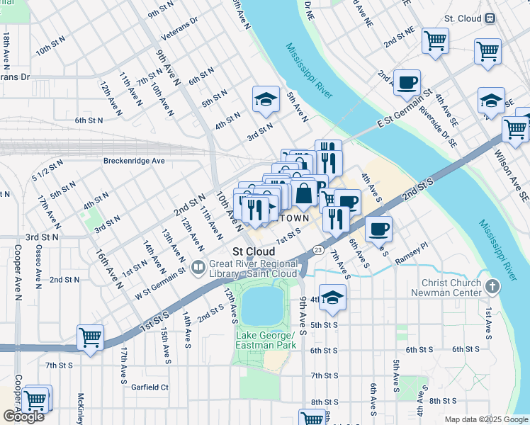 map of restaurants, bars, coffee shops, grocery stores, and more near 819 West Saint Germain Street in St. Cloud