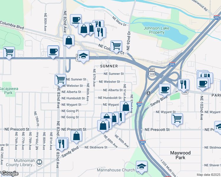 map of restaurants, bars, coffee shops, grocery stores, and more near 5004 Northeast 89th Avenue in Portland