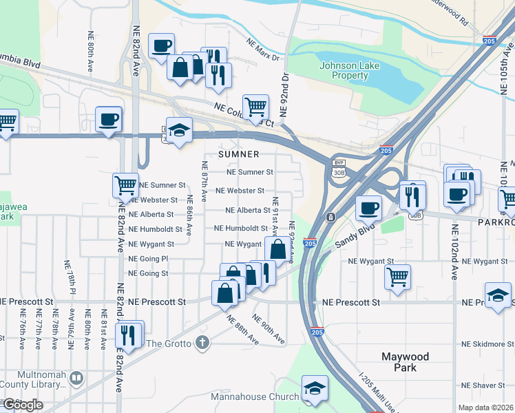 map of restaurants, bars, coffee shops, grocery stores, and more near 5009 Northeast 91st Avenue in Portland