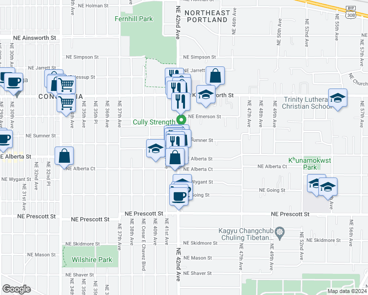 map of restaurants, bars, coffee shops, grocery stores, and more near 5035 Northeast 42nd Avenue in Portland