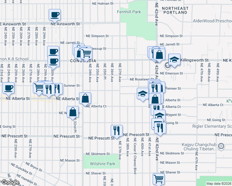 map of restaurants, bars, coffee shops, grocery stores, and more near 5040 Northeast 36th Avenue in Portland