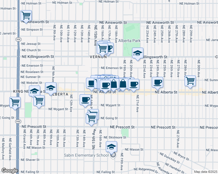 map of restaurants, bars, coffee shops, grocery stores, and more near 5026 Northeast 17th Avenue in Portland