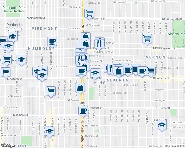 map of restaurants, bars, coffee shops, grocery stores, and more near 5044 Northeast 6th Avenue in Portland