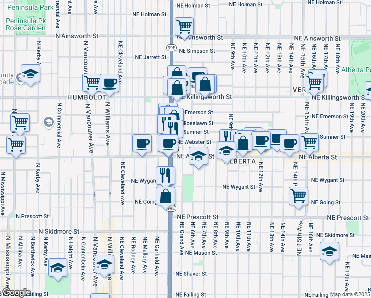 map of restaurants, bars, coffee shops, grocery stores, and more near 5017 Northeast 6th Avenue in Portland