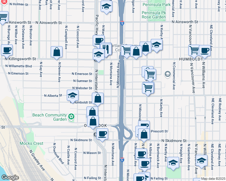 map of restaurants, bars, coffee shops, grocery stores, and more near 1314 North Webster Street in Portland