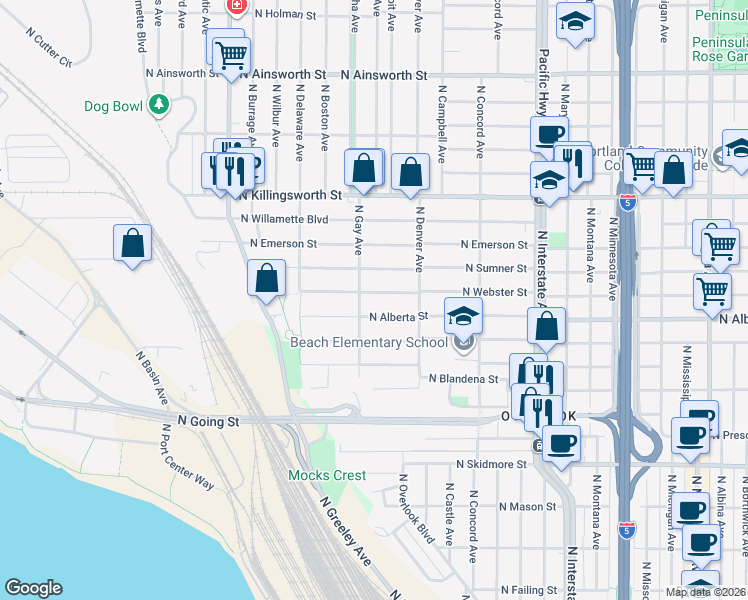 map of restaurants, bars, coffee shops, grocery stores, and more near 2136 North Webster Street in Portland