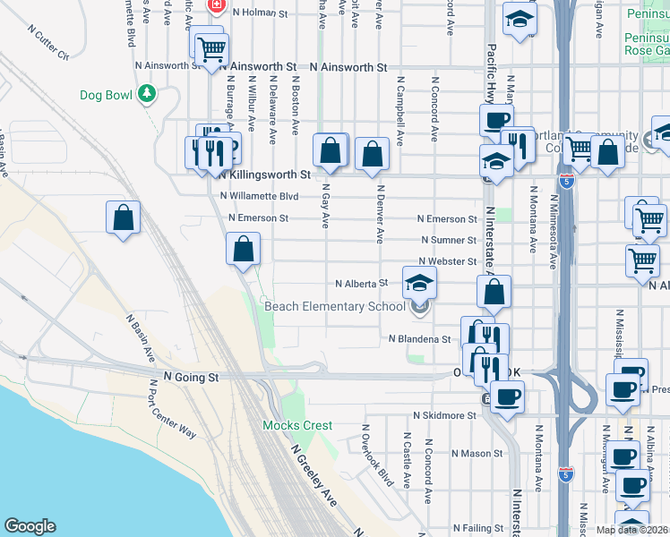 map of restaurants, bars, coffee shops, grocery stores, and more near 2136 North Webster Street in Portland
