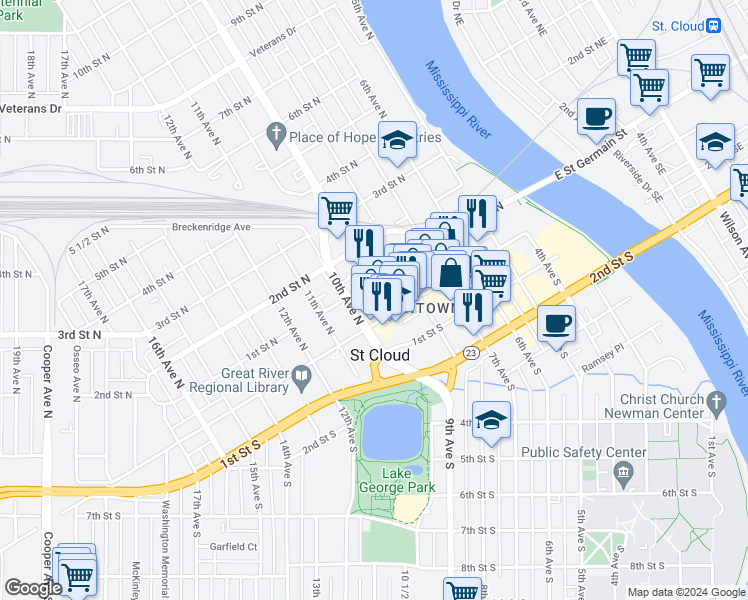 map of restaurants, bars, coffee shops, grocery stores, and more near 930 1st Street South in St. Cloud