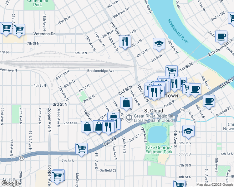 map of restaurants, bars, coffee shops, grocery stores, and more near 1221 2nd Street North in St. Cloud