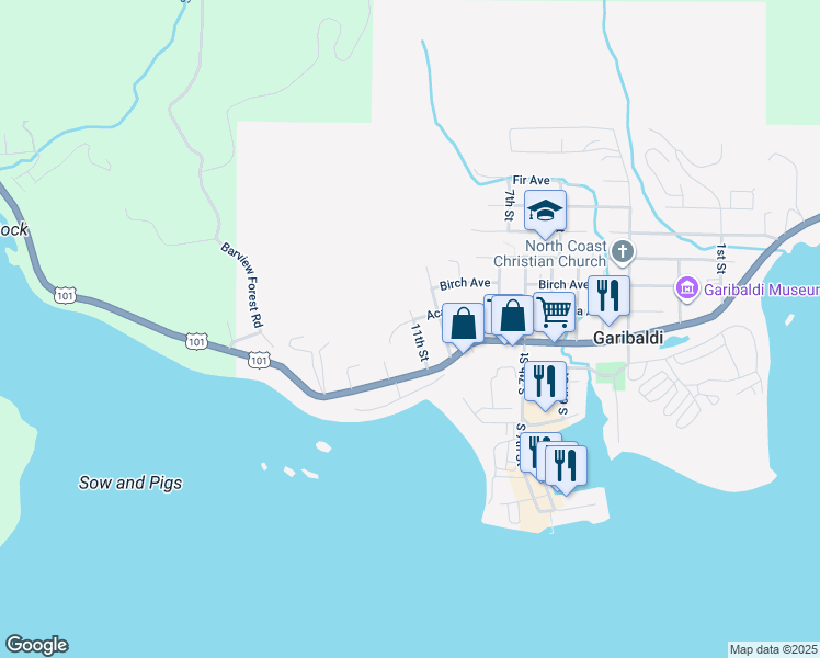 map of restaurants, bars, coffee shops, grocery stores, and more near 115 11th Street in Rockaway Beach