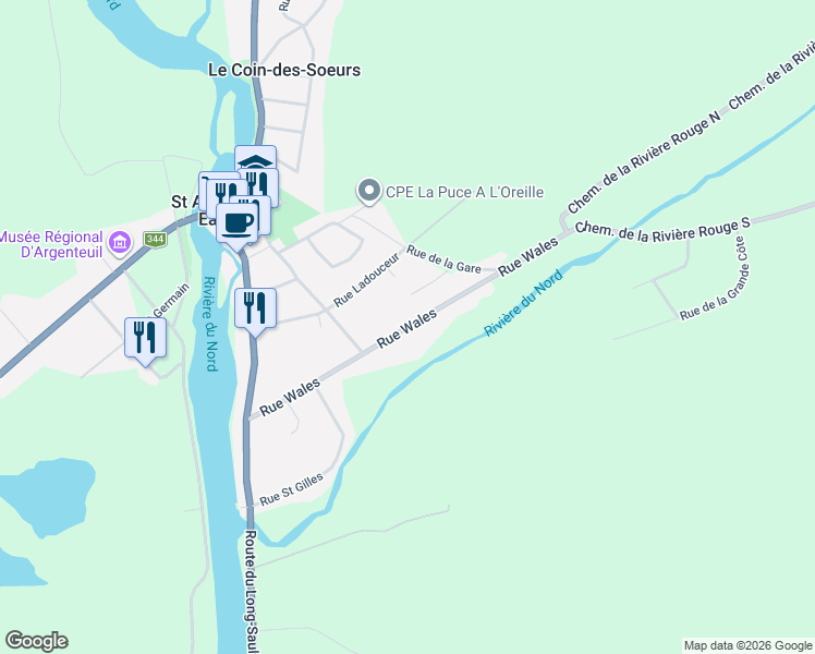 map of restaurants, bars, coffee shops, grocery stores, and more near Rue Wales in Laurentides