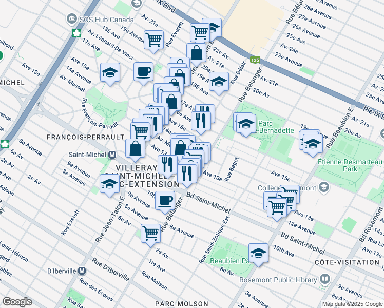 map of restaurants, bars, coffee shops, grocery stores, and more near in Montréal