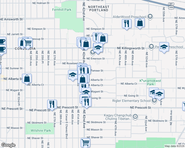 map of restaurants, bars, coffee shops, grocery stores, and more near 4300 Northeast Sumner Street in Portland