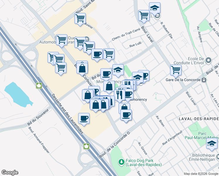 map of restaurants, bars, coffee shops, grocery stores, and more near 1400 Rue Lucien-Paiement in Laval