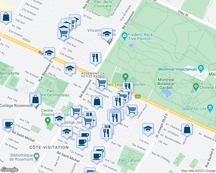 map of restaurants, bars, coffee shops, grocery stores, and more near 4045 Rue Dandurand in Montréal
