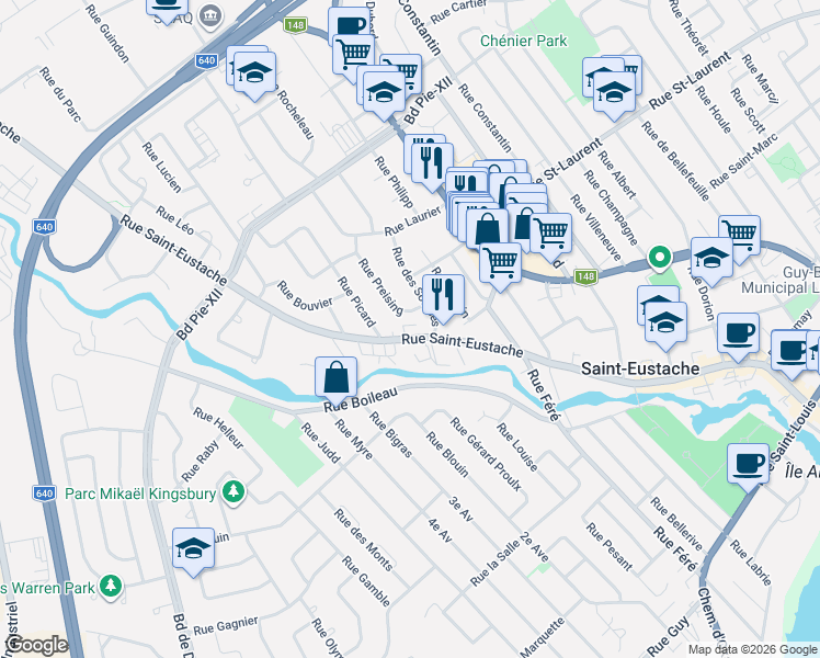 map of restaurants, bars, coffee shops, grocery stores, and more near 391 Rue Saint-Eustache in Saint-Eustache