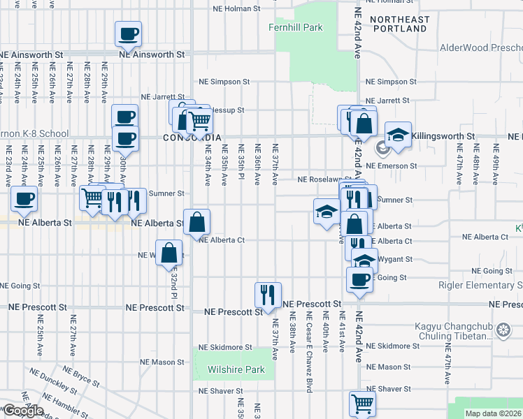 map of restaurants, bars, coffee shops, grocery stores, and more near 5040 Northeast 36th Avenue in Portland