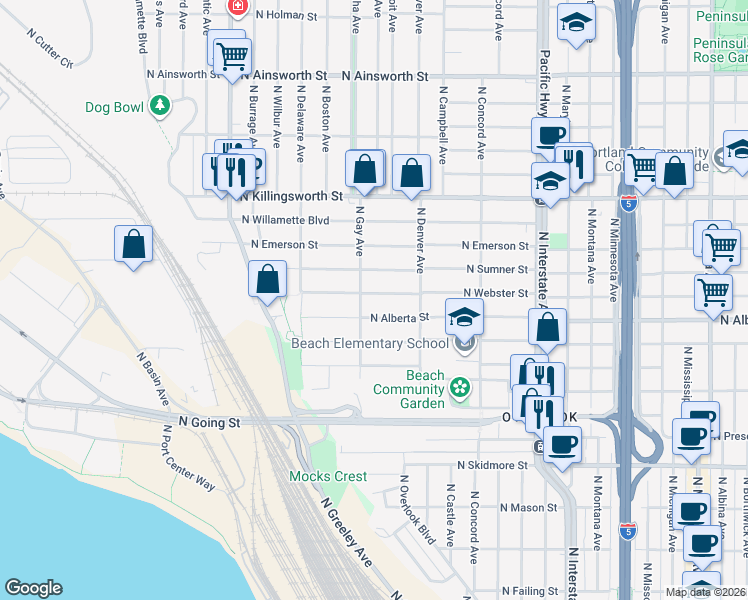 map of restaurants, bars, coffee shops, grocery stores, and more near 2136 North Webster Street in Portland