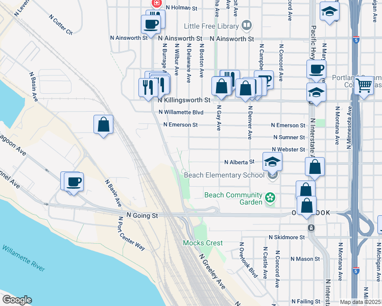 map of restaurants, bars, coffee shops, grocery stores, and more near 2432 North Webster Street in Portland