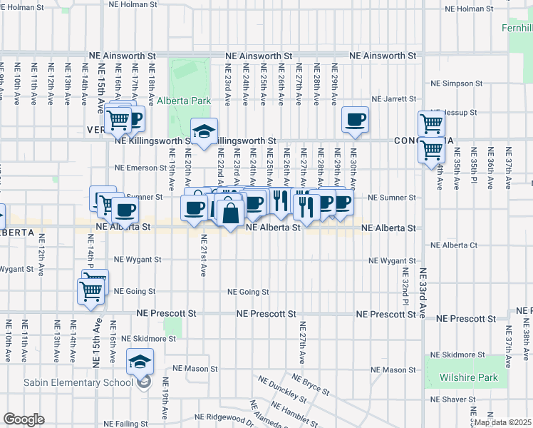 map of restaurants, bars, coffee shops, grocery stores, and more near 5035 Northeast 25th Avenue in Portland
