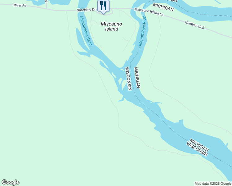 map of restaurants, bars, coffee shops, grocery stores, and more near 16632 River Road in Pembine