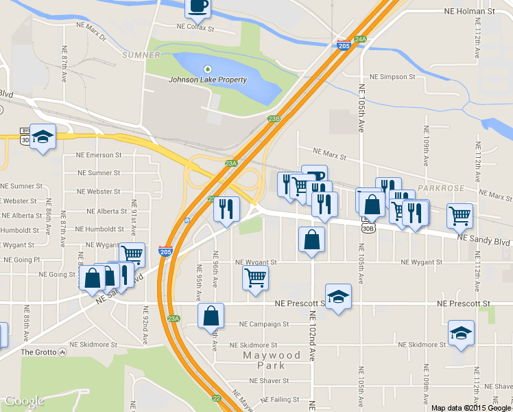 map of restaurants, bars, coffee shops, grocery stores, and more near NE Sandy Blvd & I-205 Multi Use Path in Portland