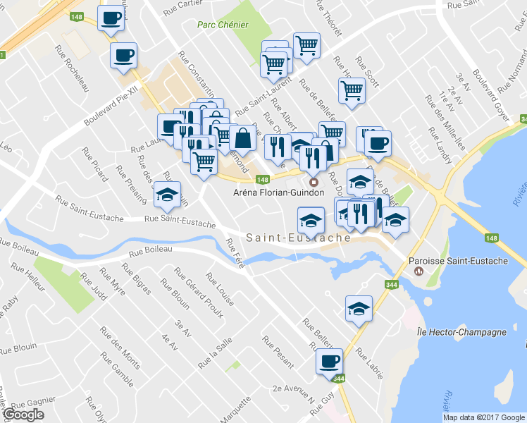 map of restaurants, bars, coffee shops, grocery stores, and more near Rue Renaud in Saint-Eustache
