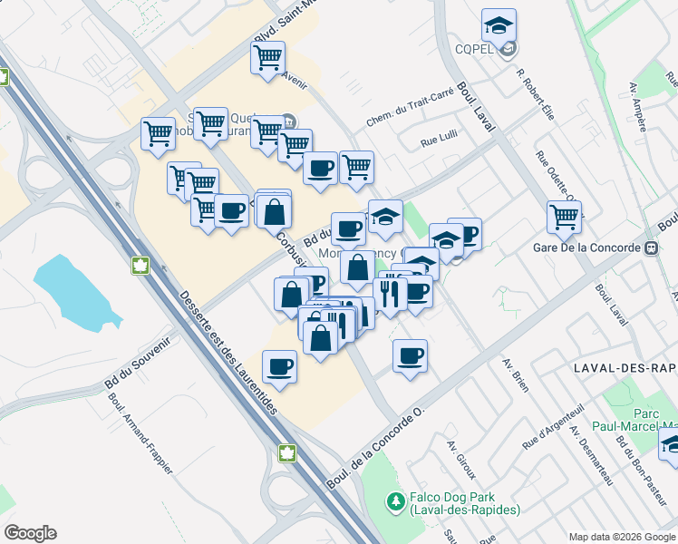 map of restaurants, bars, coffee shops, grocery stores, and more near 1925 Rue Émile-Martineau in Laval