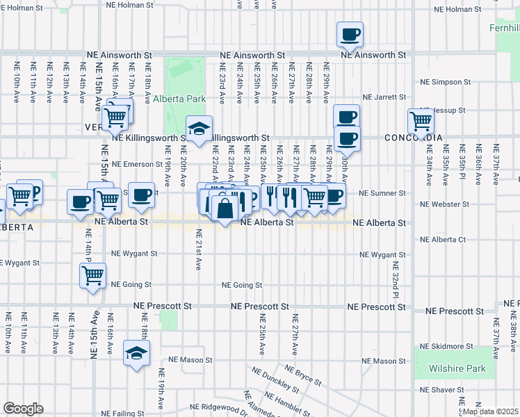 map of restaurants, bars, coffee shops, grocery stores, and more near 5035 Northeast 25th Avenue in Portland