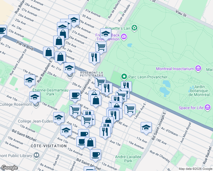 map of restaurants, bars, coffee shops, grocery stores, and more near 4045 Rue Dandurand in Montréal