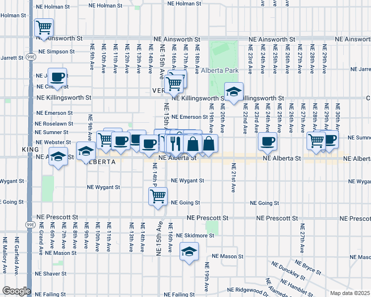 map of restaurants, bars, coffee shops, grocery stores, and more near 5026 Northeast 17th Avenue in Portland