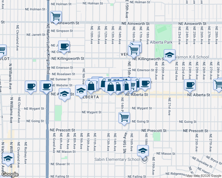map of restaurants, bars, coffee shops, grocery stores, and more near 5034 Northeast 13th Avenue in Portland