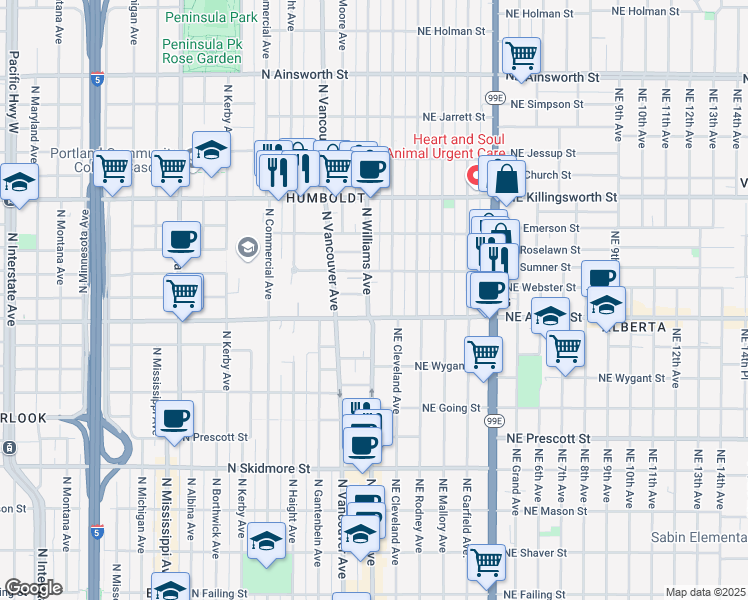 map of restaurants, bars, coffee shops, grocery stores, and more near 5032 North Williams Avenue in Portland