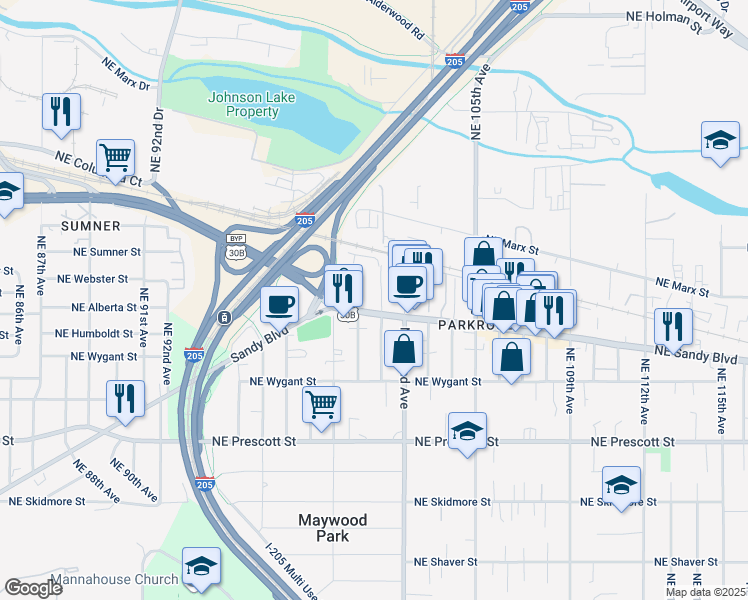 map of restaurants, bars, coffee shops, grocery stores, and more near 10001 Northeast Sandy Boulevard in Portland