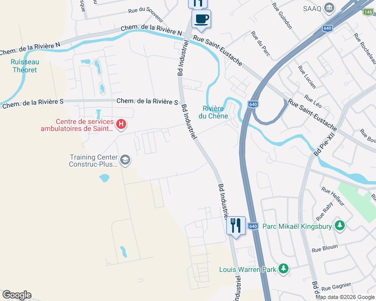 map of restaurants, bars, coffee shops, grocery stores, and more near 451 Boulevard Industriel in Saint-Eustache
