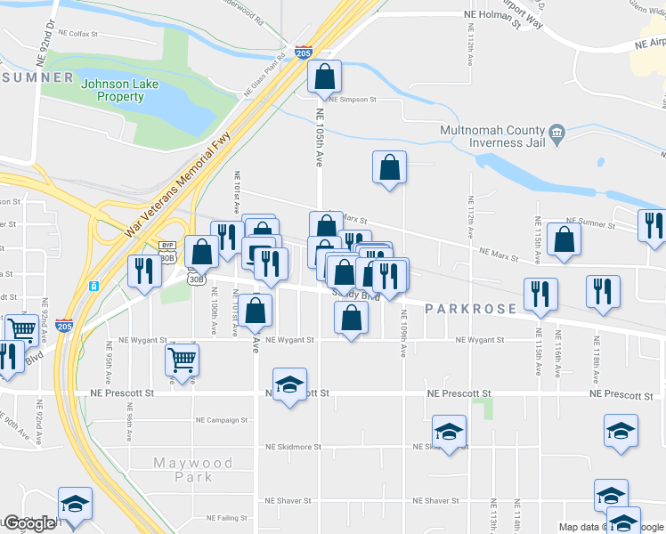 map of restaurants, bars, coffee shops, grocery stores, and more near 10527 Northeast Sandy Boulevard in Portland