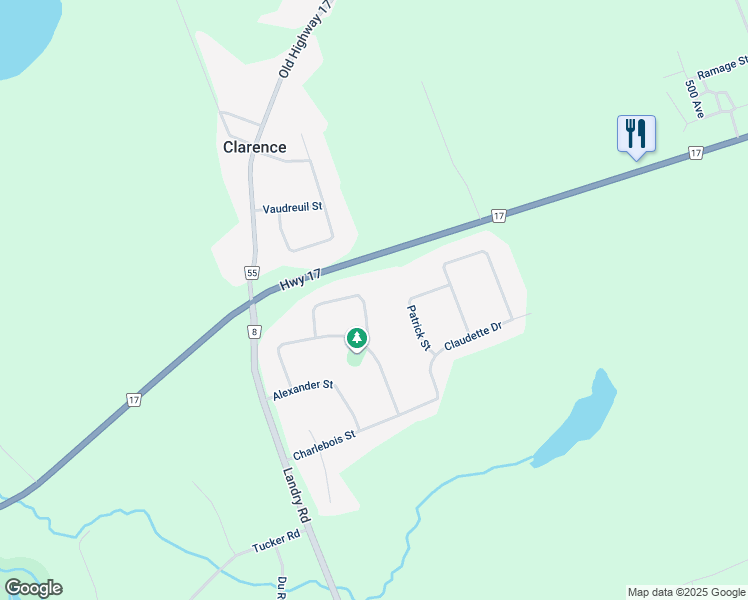 map of restaurants, bars, coffee shops, grocery stores, and more near 381 Wolfe Crescent in Clarence-Rockland