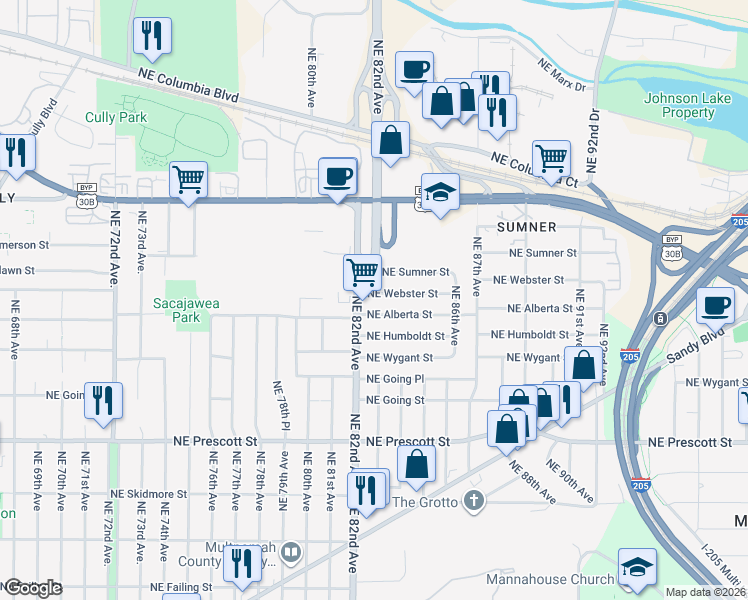 map of restaurants, bars, coffee shops, grocery stores, and more near 8234 Northeast Webster Street in Portland