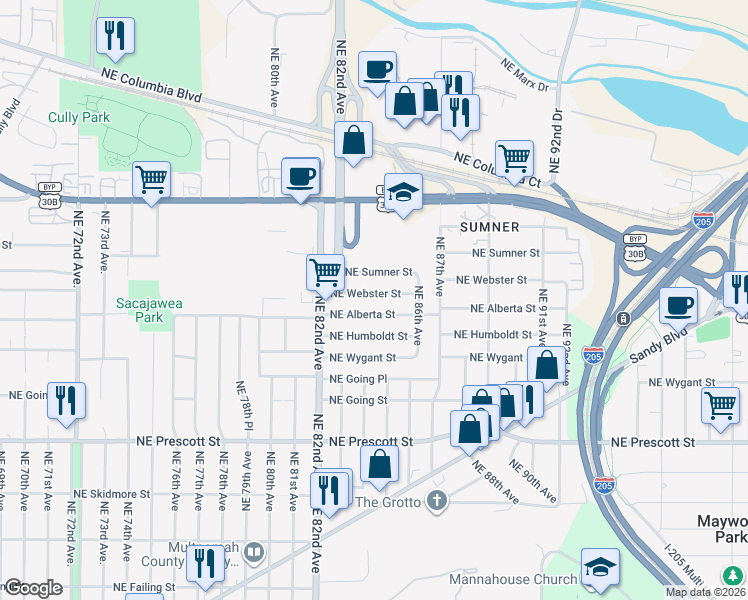 map of restaurants, bars, coffee shops, grocery stores, and more near 8503 Northeast Alberta Street in Portland