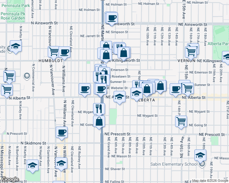 map of restaurants, bars, coffee shops, grocery stores, and more near 5017 Northeast 6th Avenue in Portland