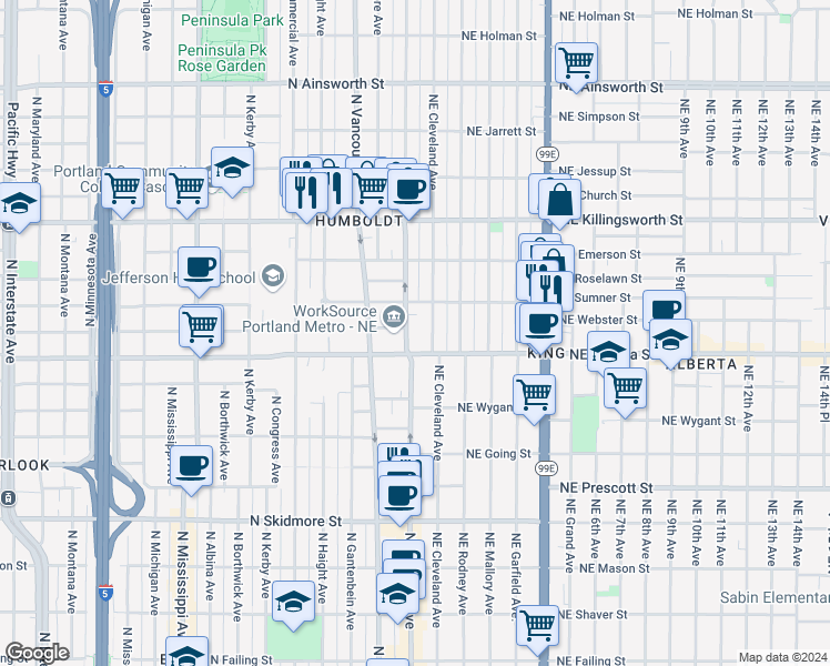 map of restaurants, bars, coffee shops, grocery stores, and more near 5036 North Williams Avenue in Portland