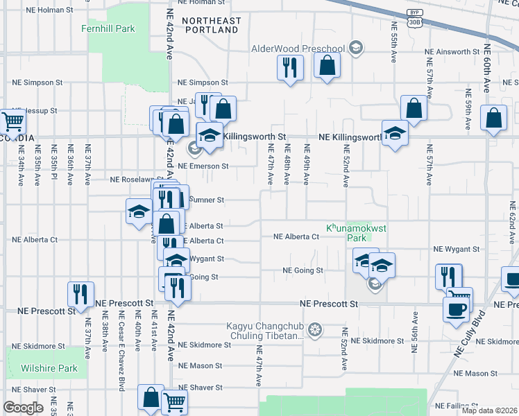 map of restaurants, bars, coffee shops, grocery stores, and more near 5020 Northeast 47th Place in Portland