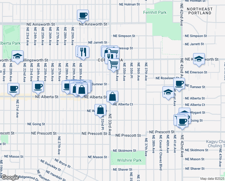 map of restaurants, bars, coffee shops, grocery stores, and more near 5080 Northeast 33rd Avenue in Portland