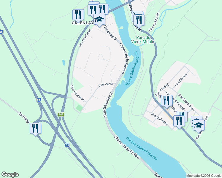 map of restaurants, bars, coffee shops, grocery stores, and more near 127 Rue Greenlay Sud in Windsor