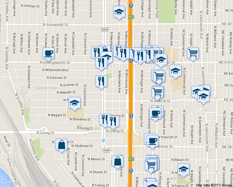 map of restaurants, bars, coffee shops, grocery stores, and more near 1314 N Webster St in Portland