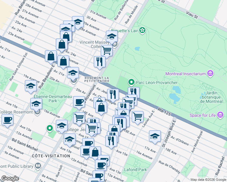 map of restaurants, bars, coffee shops, grocery stores, and more near 4057 Rue Dandurand in Montréal