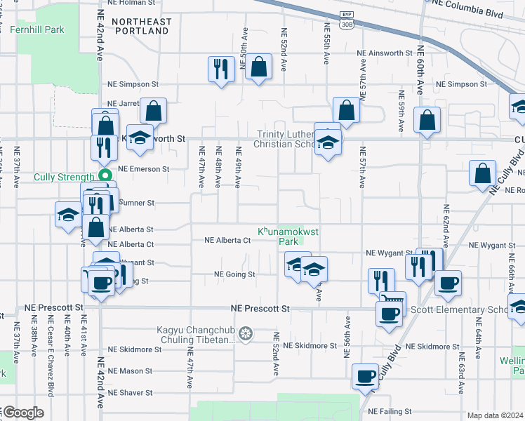 map of restaurants, bars, coffee shops, grocery stores, and more near 5025 Northeast 52nd Avenue in Portland