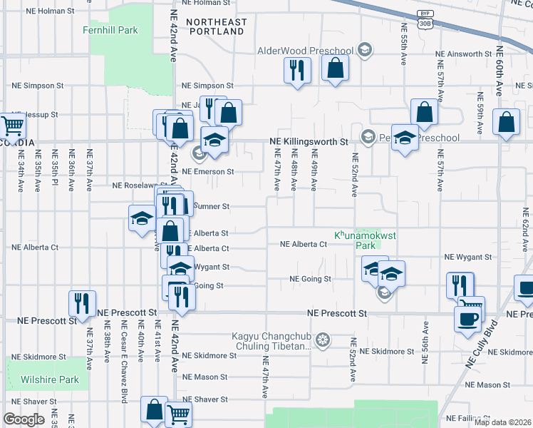 map of restaurants, bars, coffee shops, grocery stores, and more near 5020 Northeast 47th Place in Portland