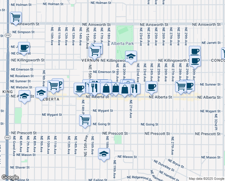 map of restaurants, bars, coffee shops, grocery stores, and more near 5027 Northeast 19th Avenue in Portland